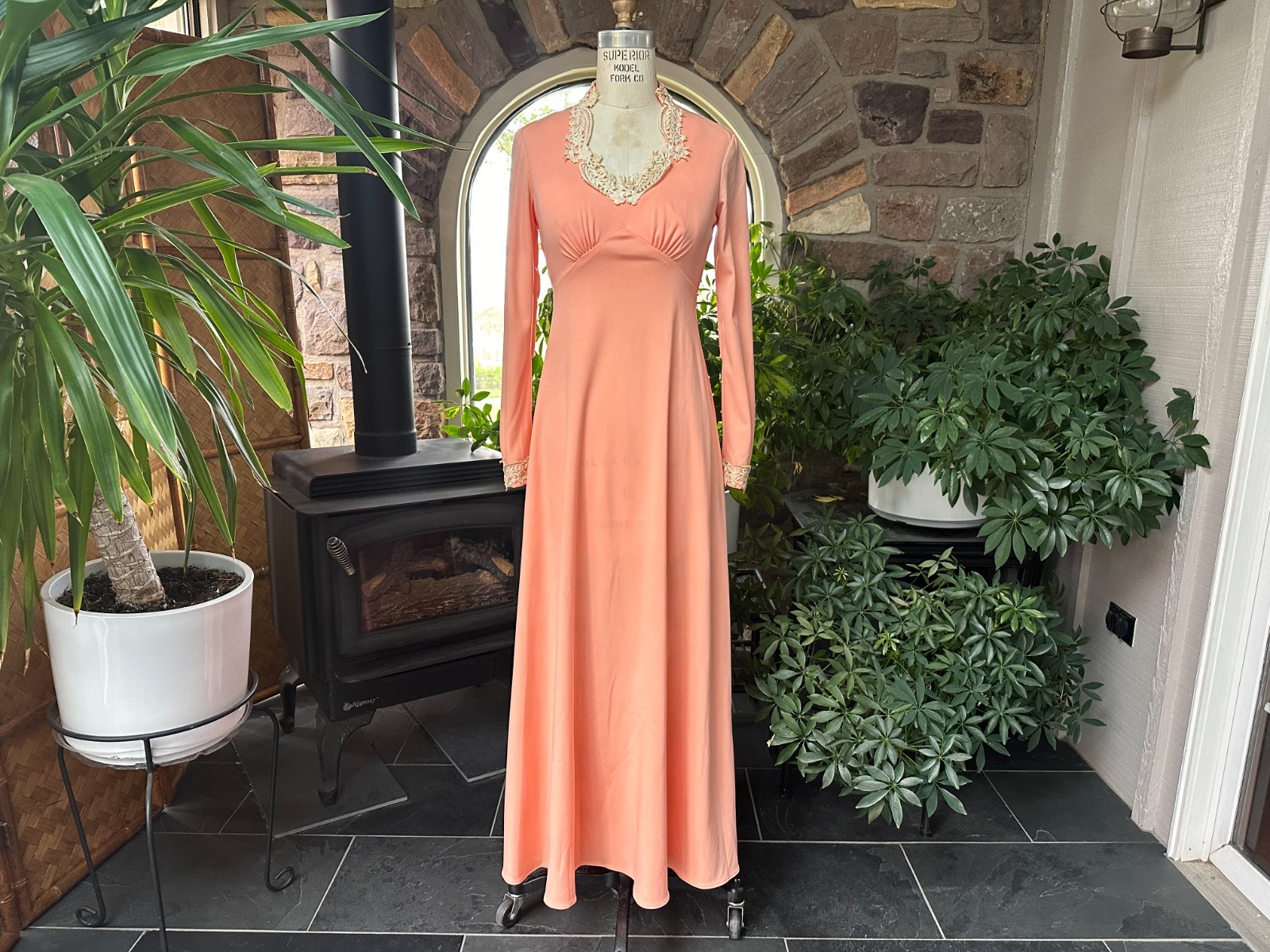 Vintage 1970s Apricot Knit and Ivory Lace Maxi Dress