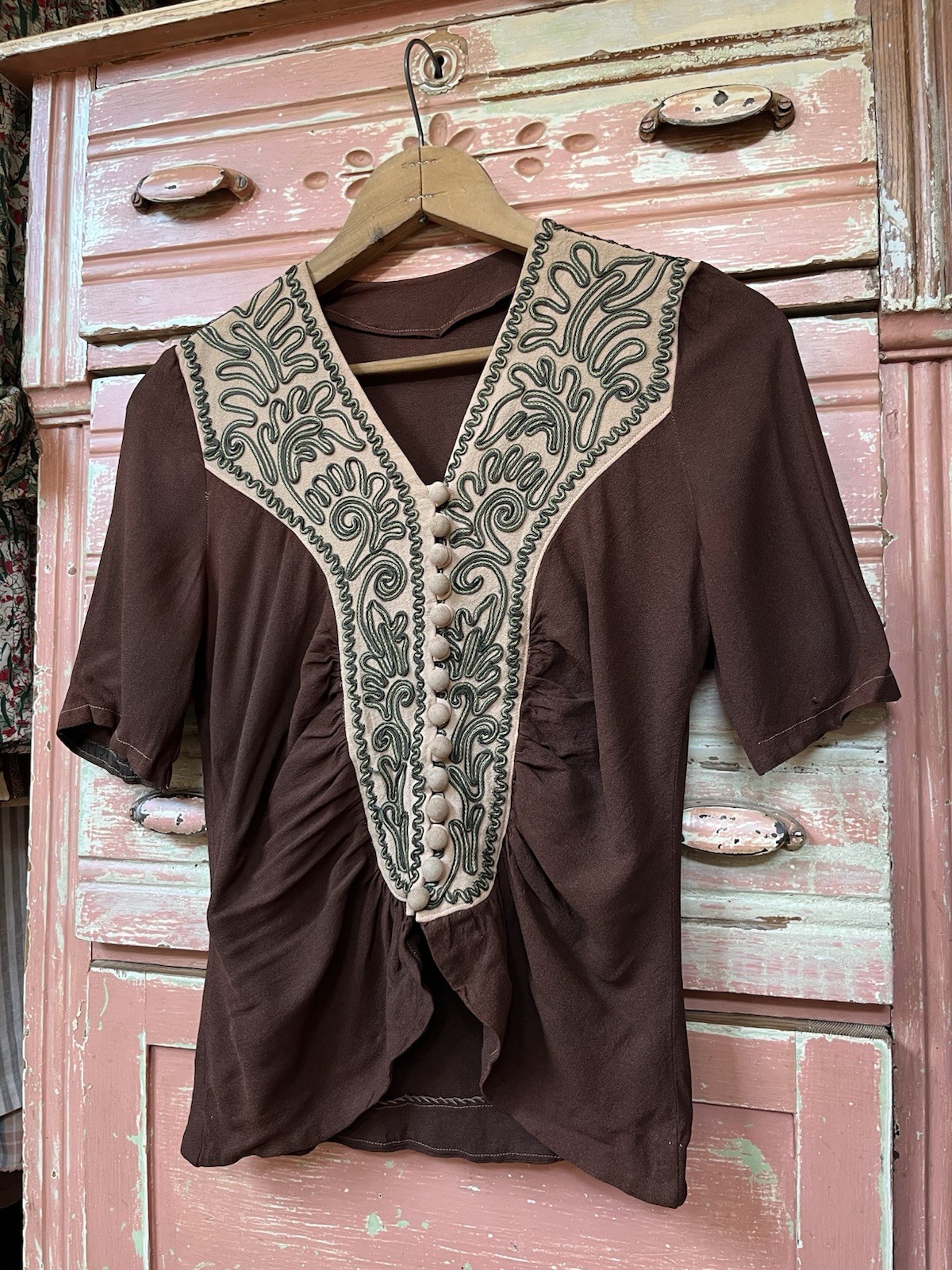 40s Art Deco Vintage Antique Brown Rayon Embroidered Soutache Gatsby Blouse Top