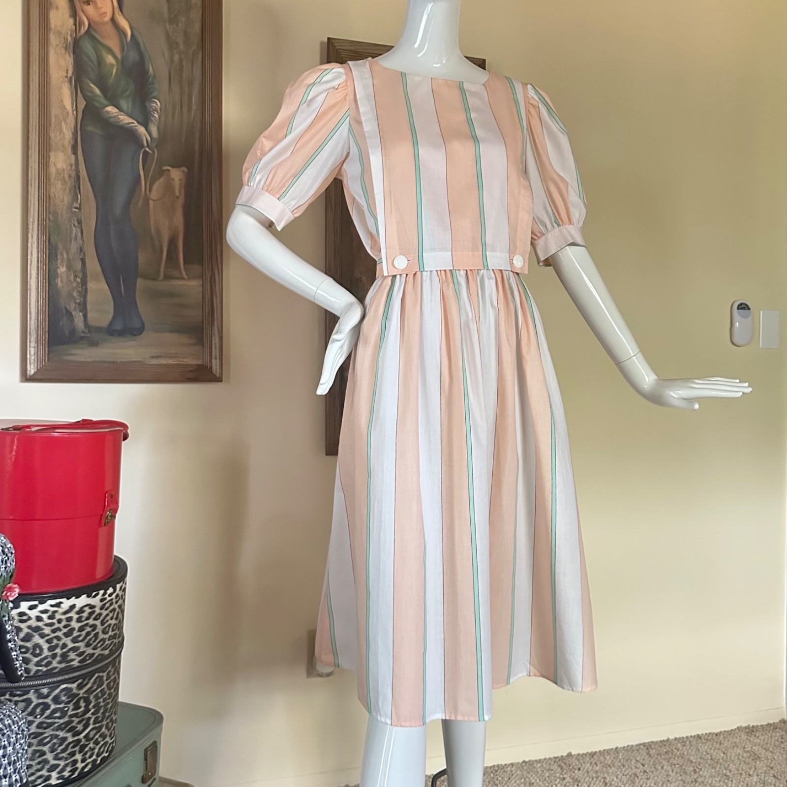 Vintage 1980s Preppy Ice Cream Pastel Striped Apron Day Dress Puff Sleeves M