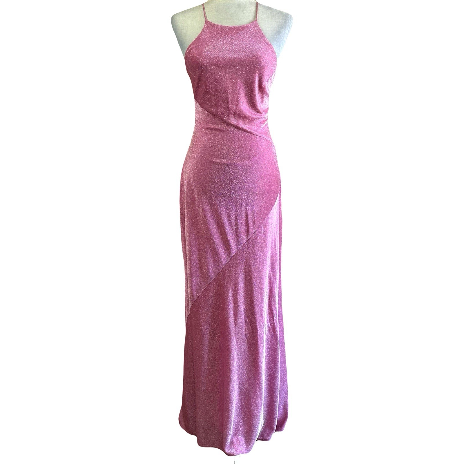 De Laru by Sheila Yen Vtg 90s Pink Glitter Halter Corset Prom Dress Women’s S