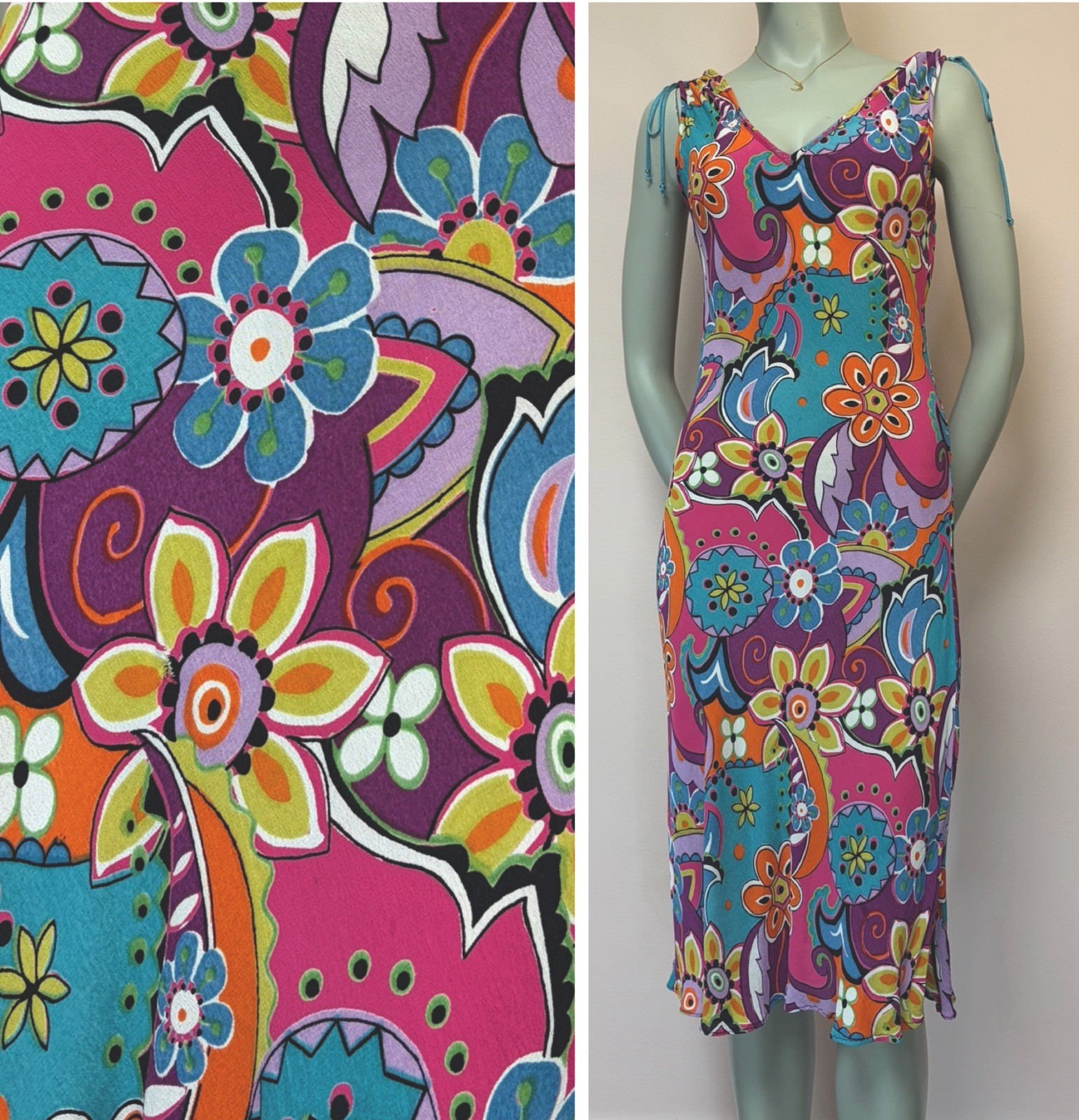 Vintage 90s Angie Psychedelic Bias Cut Rayon Floral fairy India Midi Dress S
