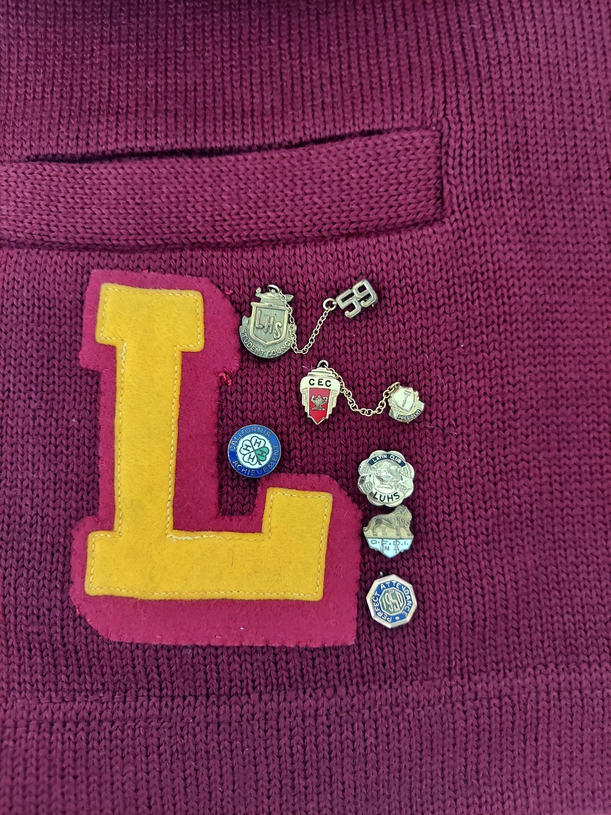 Vintage 1959 California Wool Varsity Letter Sweater with Original Pins