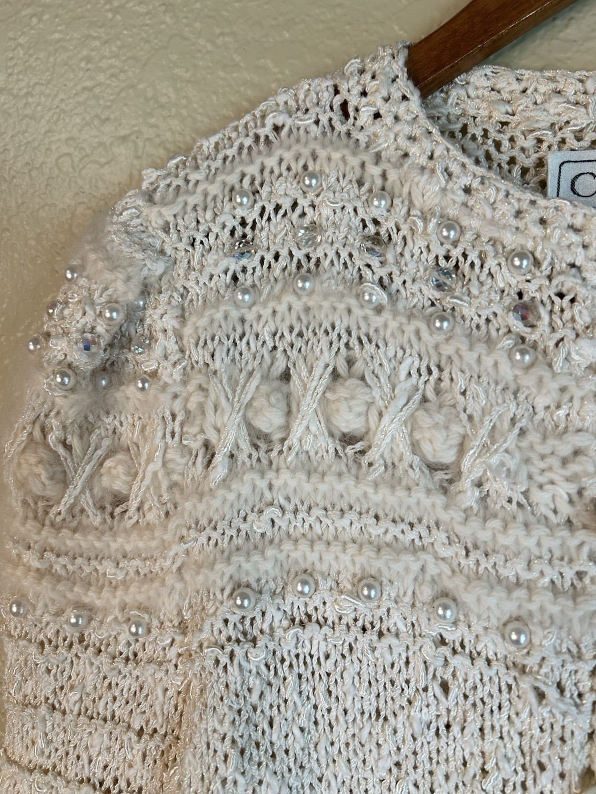Vintage Crochet Ivory Angora Sparkling Beaded Pearl Button Long Sleeve Sweater