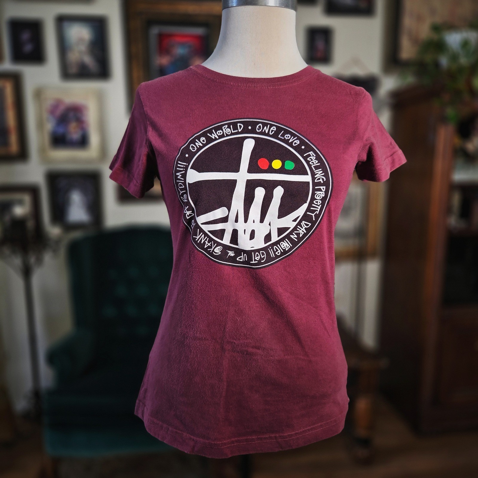 Stussy Girl T Shirt Vintage 90s M Burgundy One World Love Graphic Tee USA Made