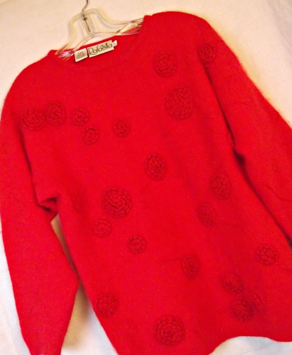 RETRO Vtg Rafaella Womens Angora Lambswool Sweater Red Fuzzy Crocheted Rosette