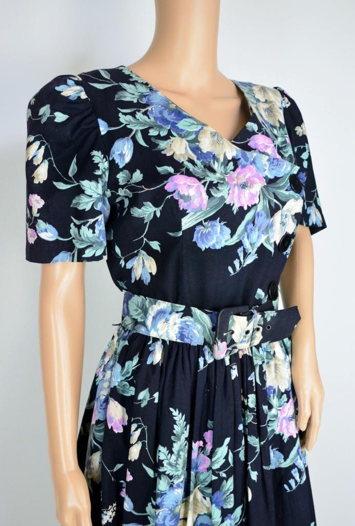 VTG 80s S.L. Fashions Blk Floral Revival Cottagecore Full Skirt Tea Party Dress