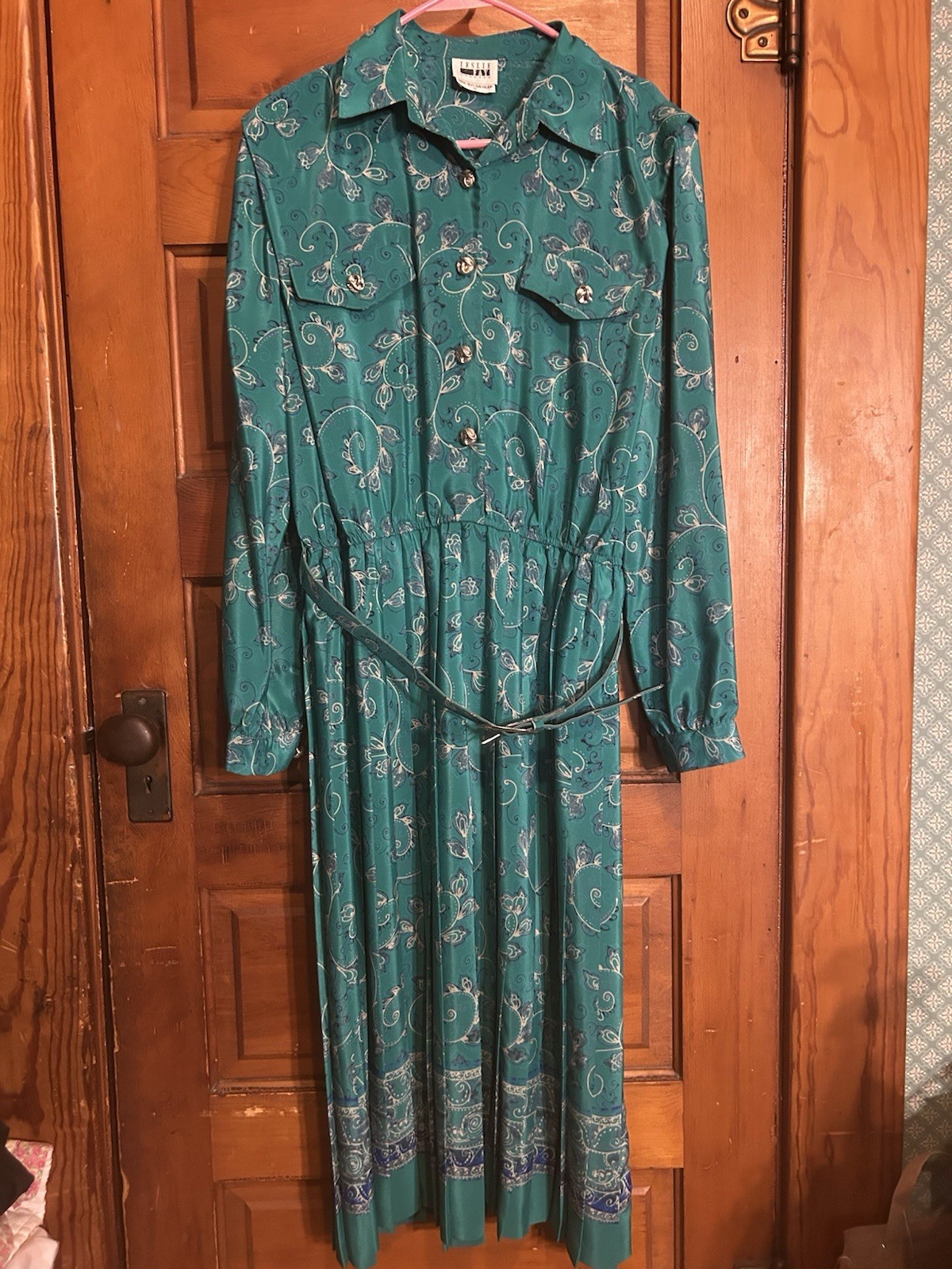 VTG 80s Leslie Fay Secretary Dress Sz 16 Long Sleeve Pleated Midi Green Paisley