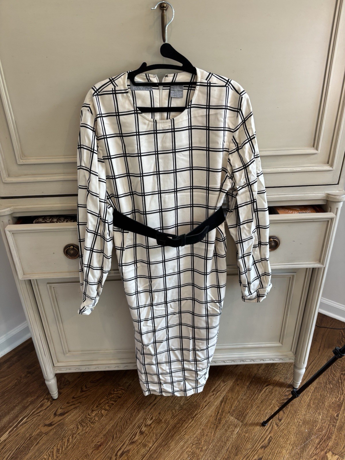 Vintage Liz Claiborne Cream Black Striped Plaid Dress Velvet Belt 90s Size 8