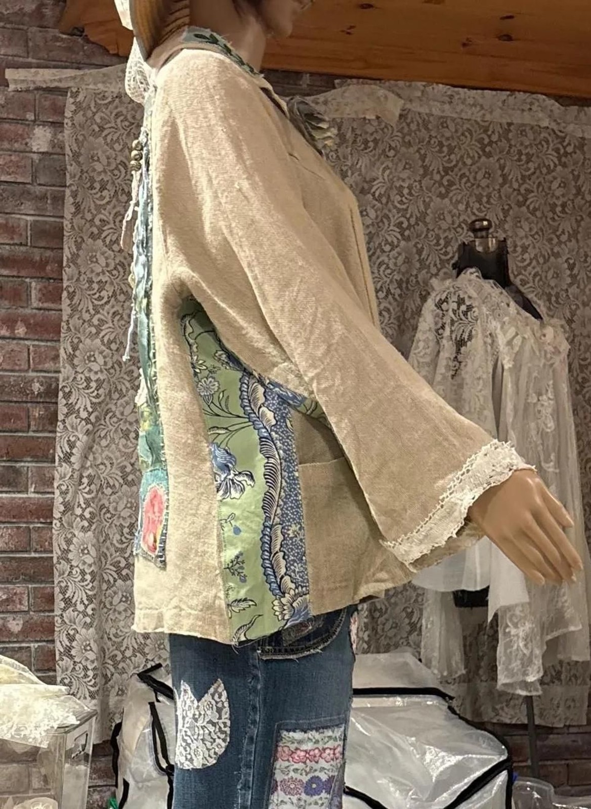Upcycled Linen Jacket Handmade Boho Patchwork with Abstract Owl Design