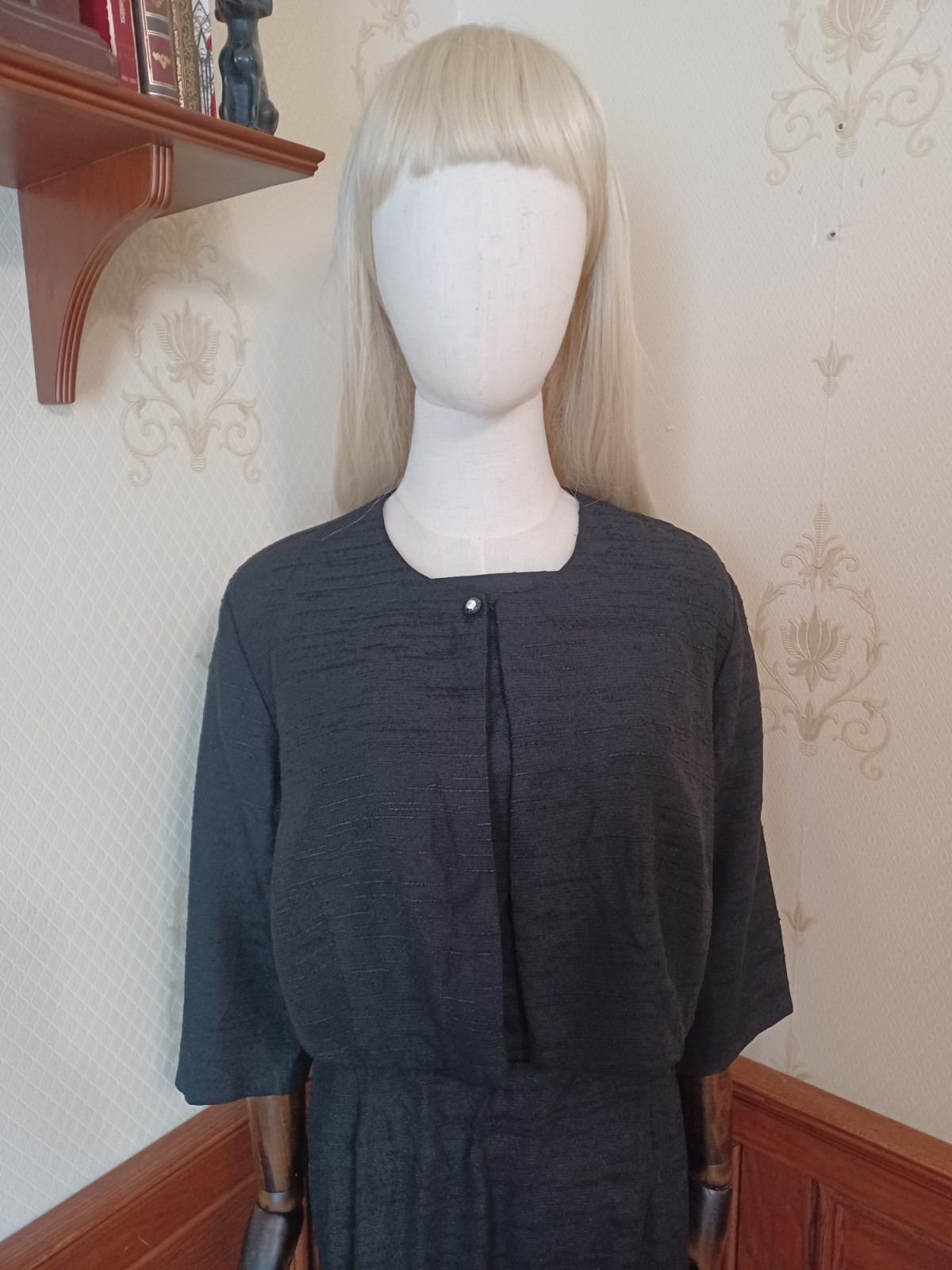 Vintage Mid-century Slubbed Black Cotton Little Black Cocktail Dress, size XL