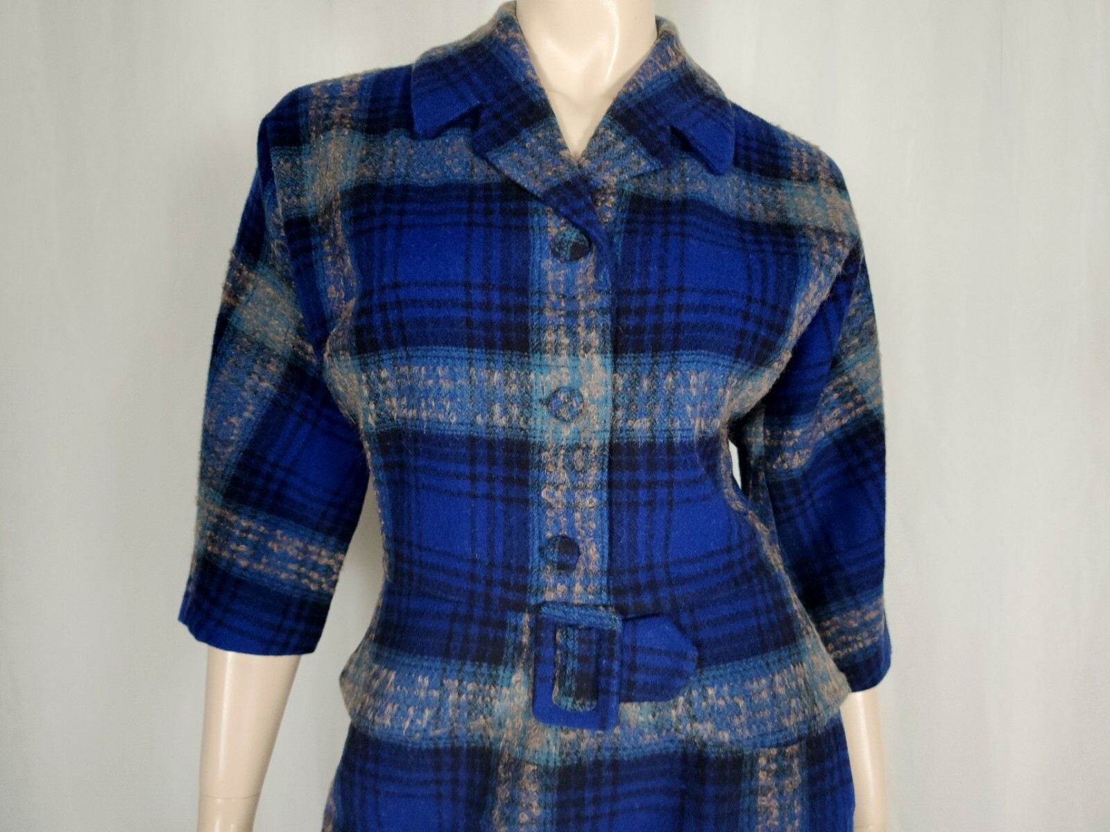 Vintage 40s 50s Earle Picard blue wool tartan plaid jacket skirt suit set S