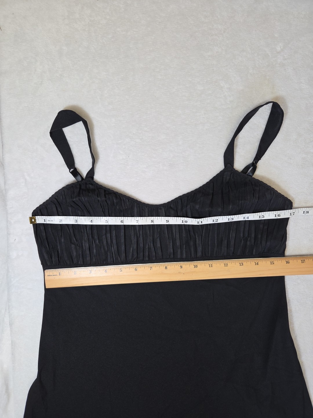Vtg 1980s Vanity Fair Pleated Bodice Brushed Satin Black Slip Dress Sz 34 10-627