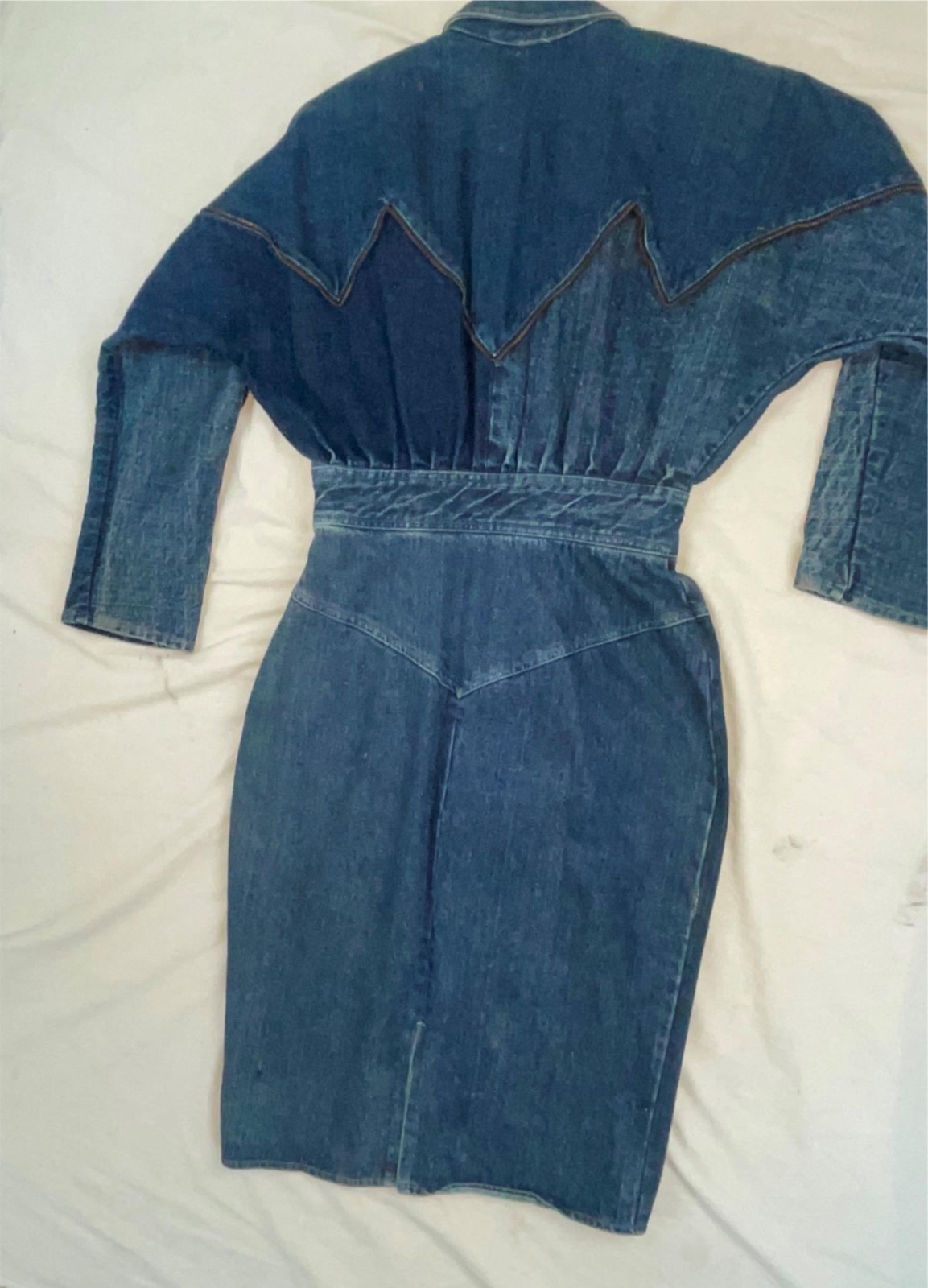 VTG 80S RETRO WOMENS 7/8 S DARK DENIM JEAN ZIPPER TRIM NEW WAVE BUTTON ZIP DRESS