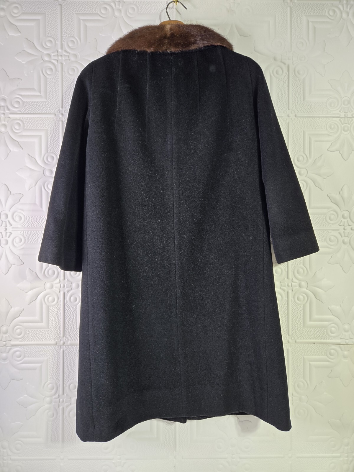 Vintage 40’s-60’s EINIGER Black Wool, Button-Down Fur Trim Collar Swing Coat