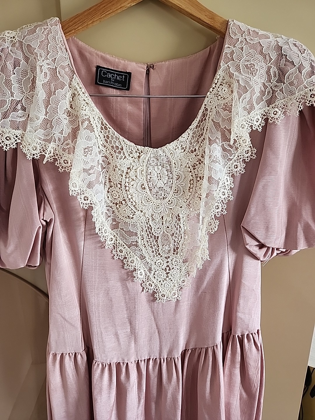 Vintage Cachet by Bari Protas Pink Puff Sleeve Lace Trim Dress PrairieCottagecor