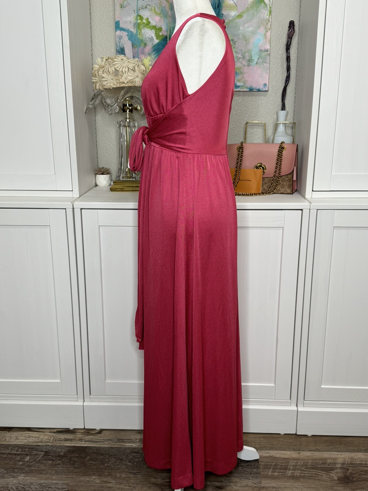 1970s Pink Disco Dress V-neck Halter Wrap Around Tie Small Polyester