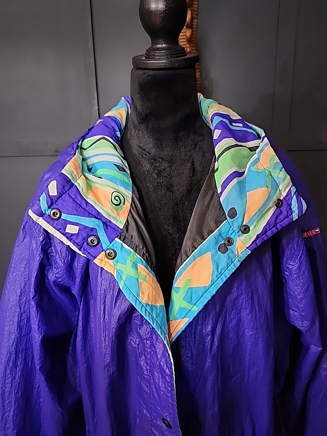 Vintage Obermeyer Wind Breaker Jacket 1980s Purple And Neon Abstract Snaps…