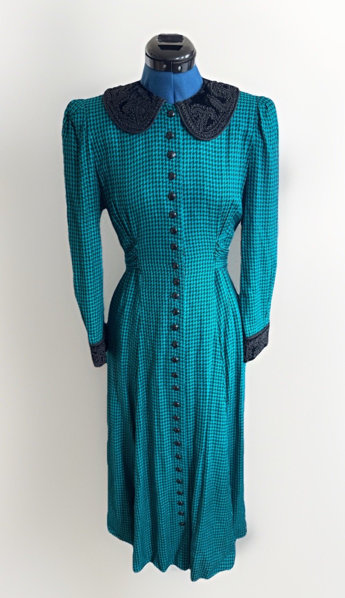 Vintage 80s Sarah Elizabeth Beaded collar Teal Gingham Goth Check Maxi Dress