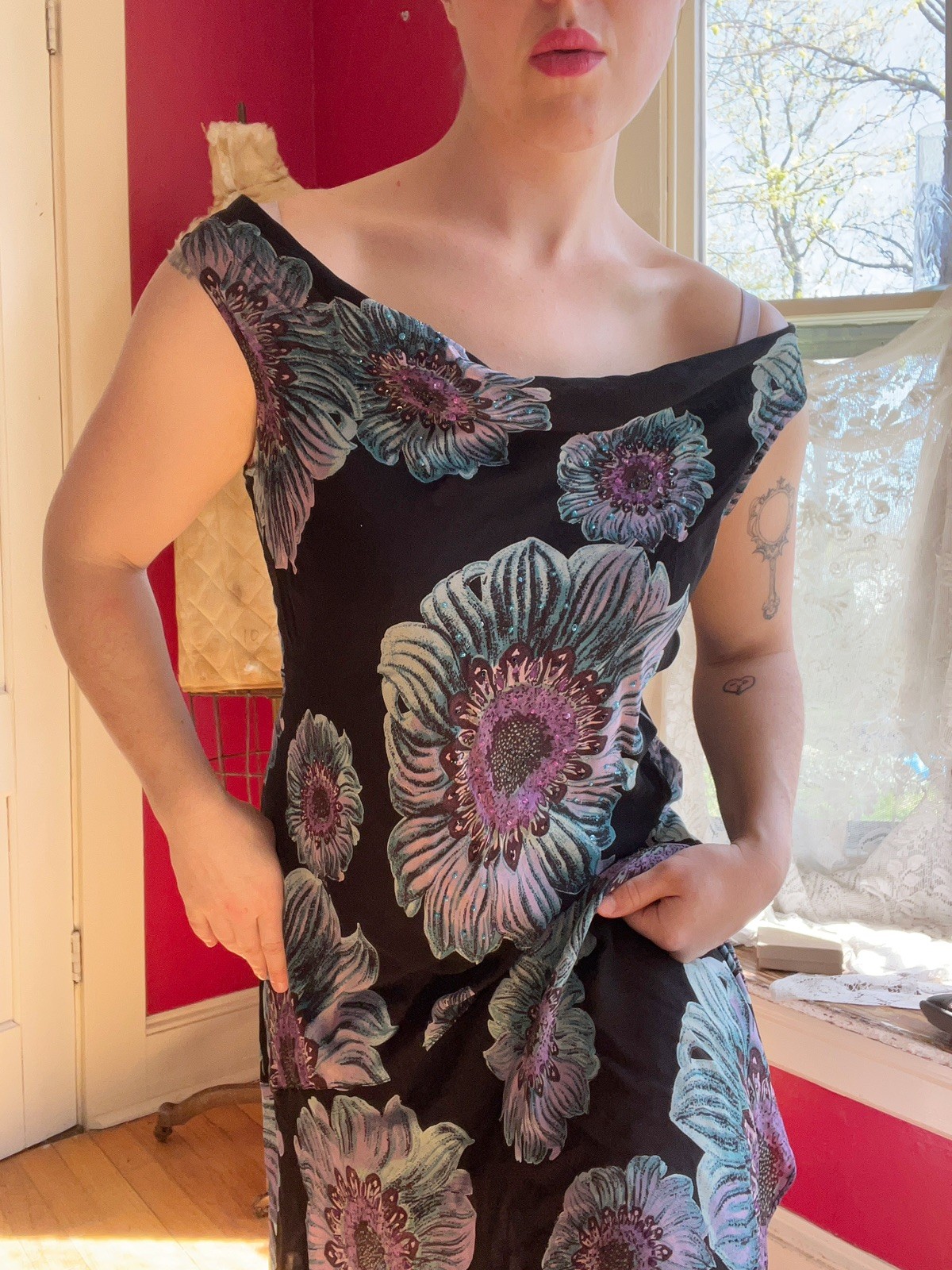 Vintage 1990s Black Chiffon Blue Purple Floral Print Grunge Cowl Neck Dress L
