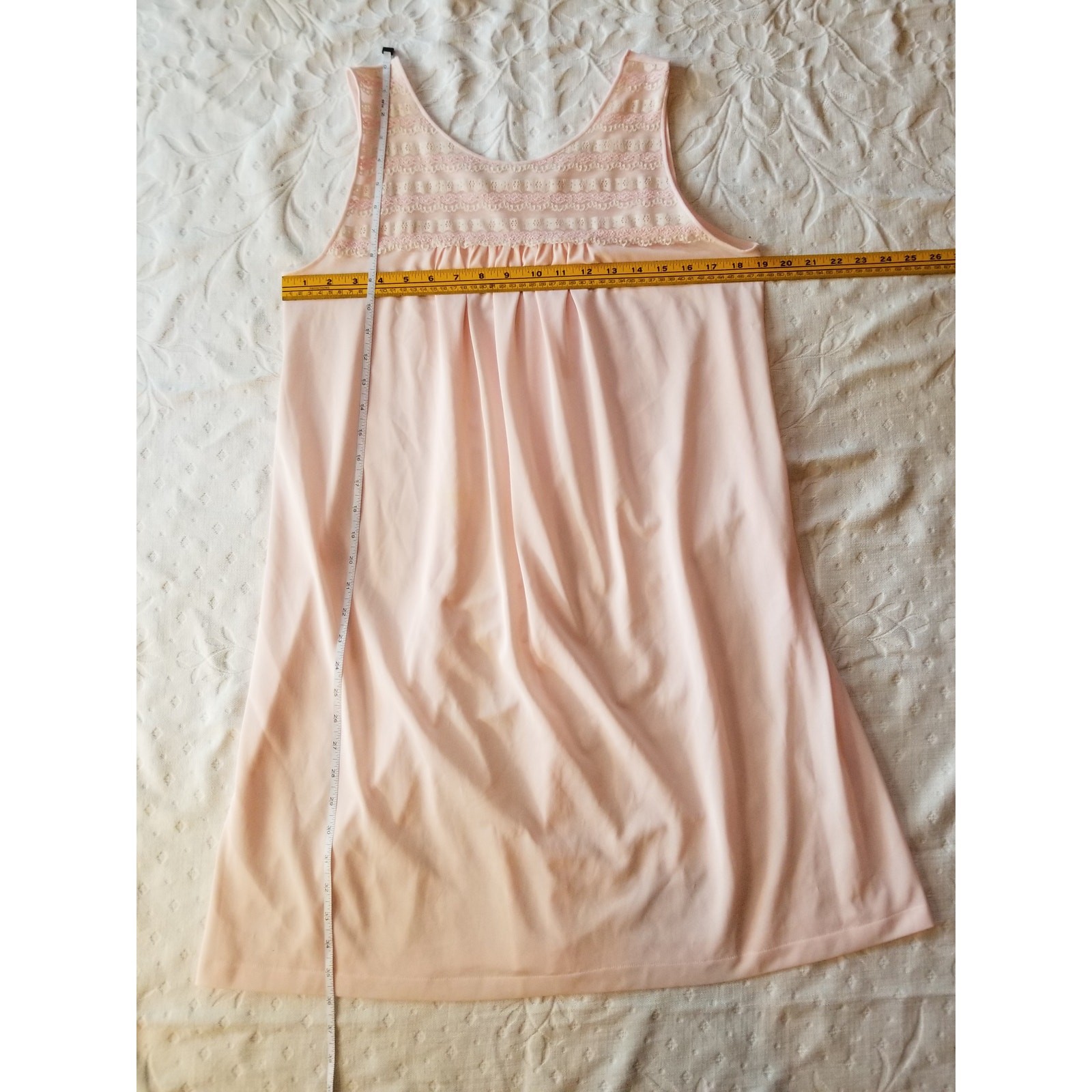 Vintage 70s Lorraine Pink Nylon Lace Yoke Nightgown Babydoll Chemise M