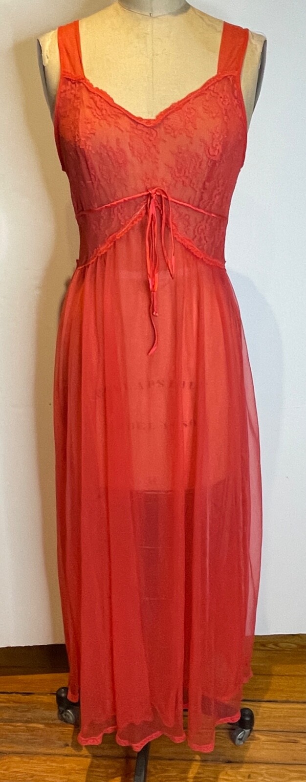 VTG RADCLIFFE RED SHEER CHIFFON&LACE FULL SWEEP PUFF NIGHTGOWN&PEIGNOIR SET*34 S