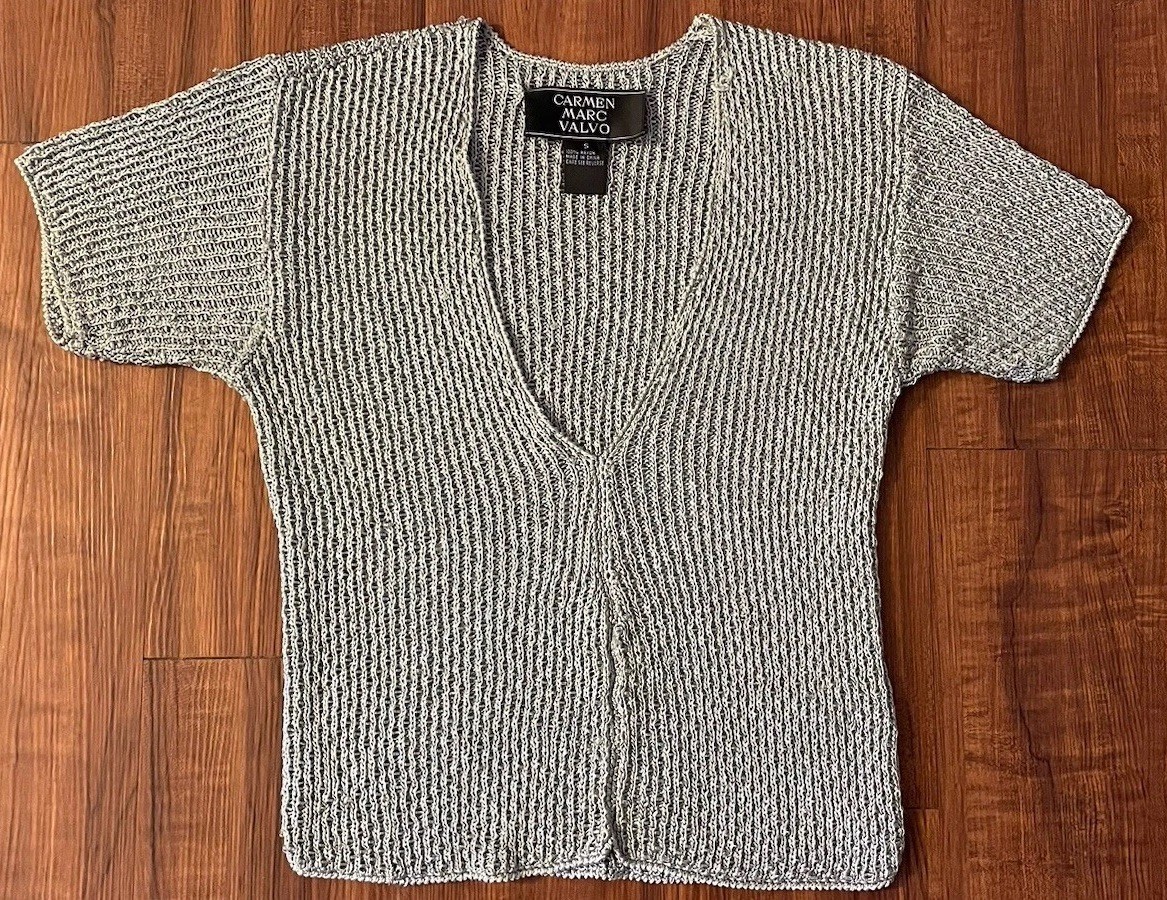 VTG 90’s Carmen Marc Valvo Couture Silver Glass Beaded Plunge Neck Top Women’s M