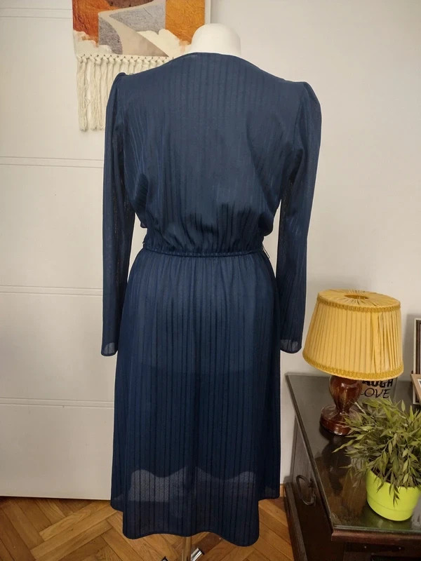 Rice Pudding Ltd Vintage 70s 80s Lace Collar Dress Navy Blue Striped Made in USA