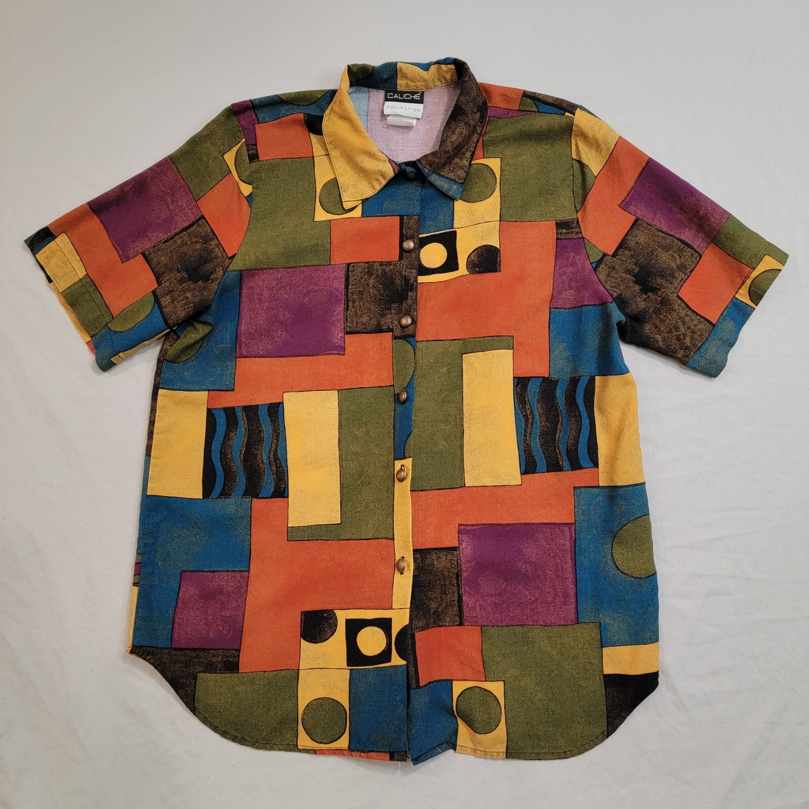 Vintage Caliche Collection Button Shirt Sz Large Blouse Art Cubism Short Sleeve