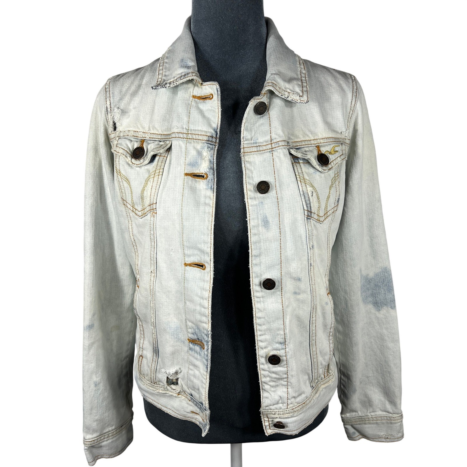 Hollister HCO Y2K Denim Jacket XS/S Trucker Distressed Bleached Thrashed Grunge