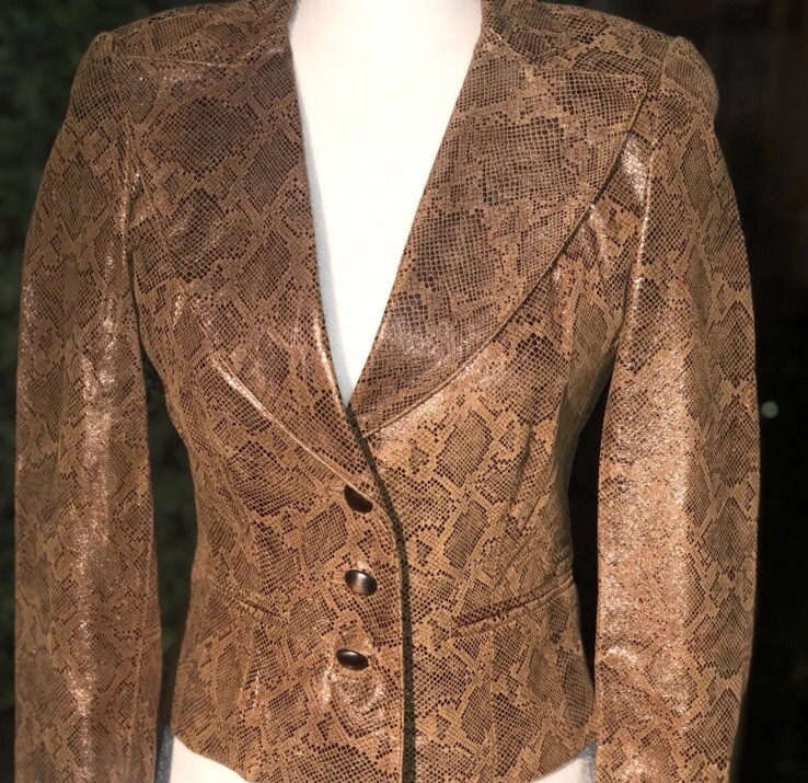 Vtg 90’s Designer Vakko Blazer Leather Jacket Metallic Snake Print Mustard Sz8