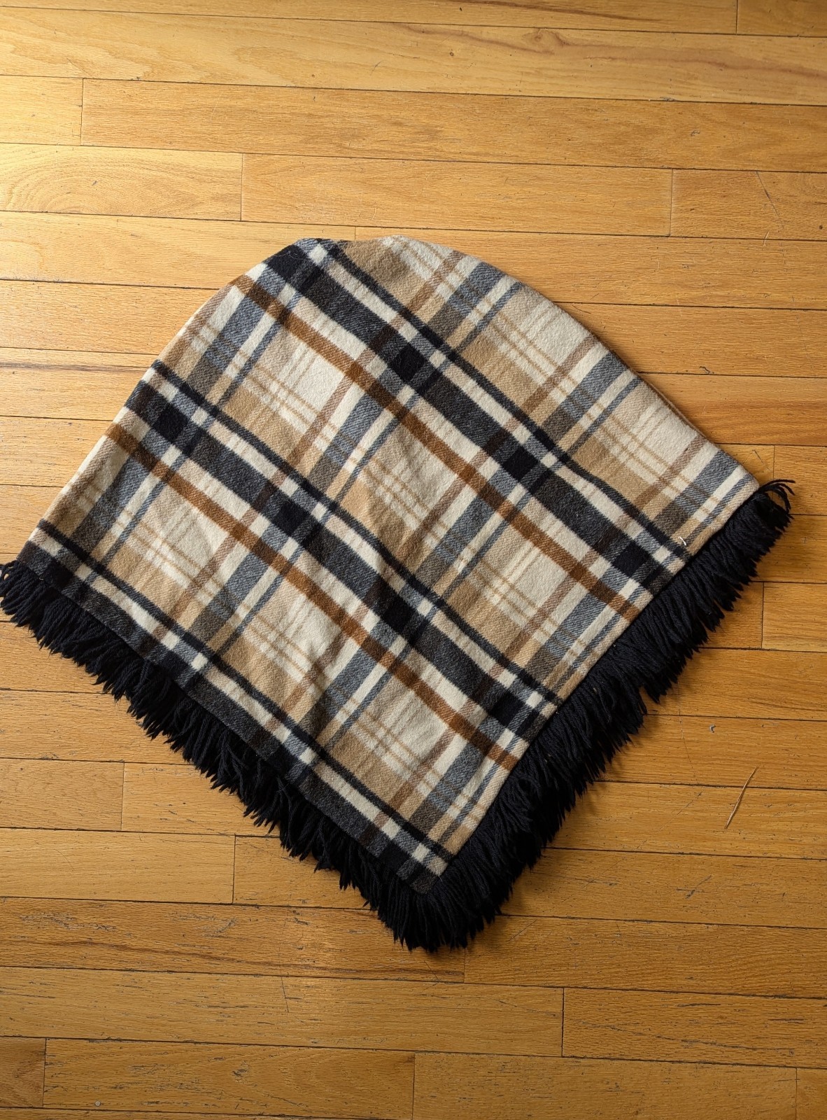 Vintage 60s/70s Mr. Z San Francisco Brown Plaid Wool Fringe Cape Lined Women’s