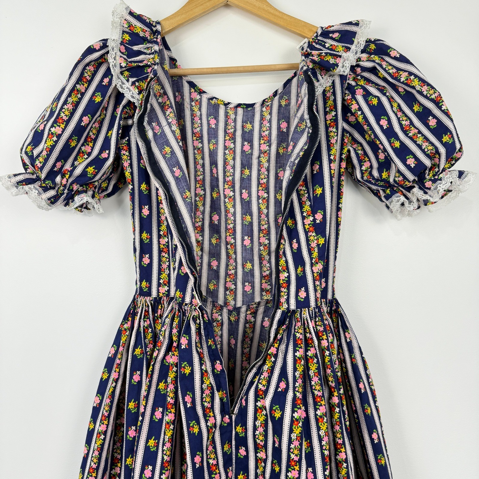 Vintage 70s Prairie Maxi Dress Womens XS Navy Floral Stripe Cottagecore