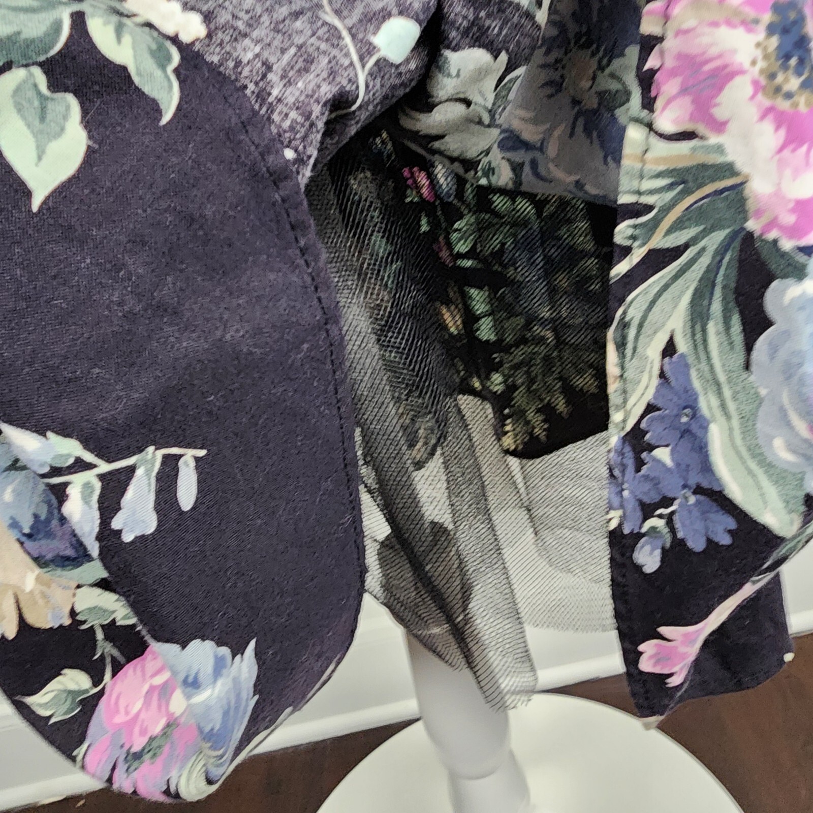 Vintage 80s 90s Dress Fit Flare Ashley Floral Print on Black Puff Sleeve 7/M
