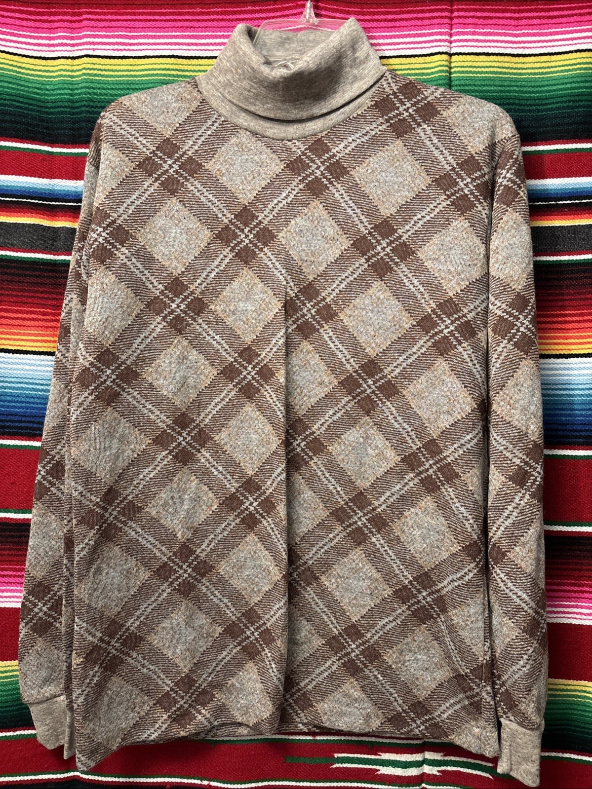 Vintage 70’s Cotton Blend Plaid Turtle Neck Sweater size M N.O.S Unisex
