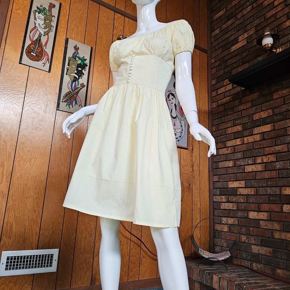 Vtg 1950s Milkmaid Lemon Swiss Dot Circle Skirt Off Shoulder Party Dress XS/S P
