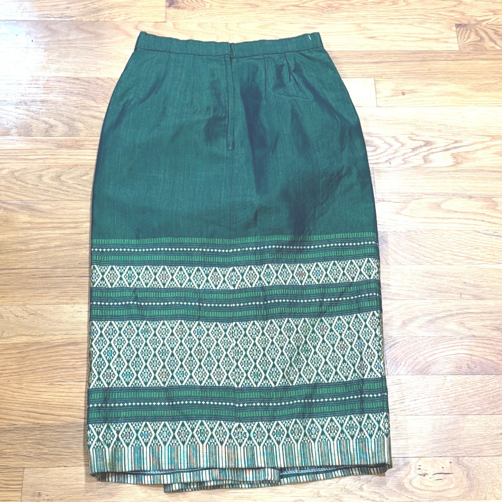Vintage Thai Silk Forest Green Geometric Border Print Midi Skirt Tailored Zip