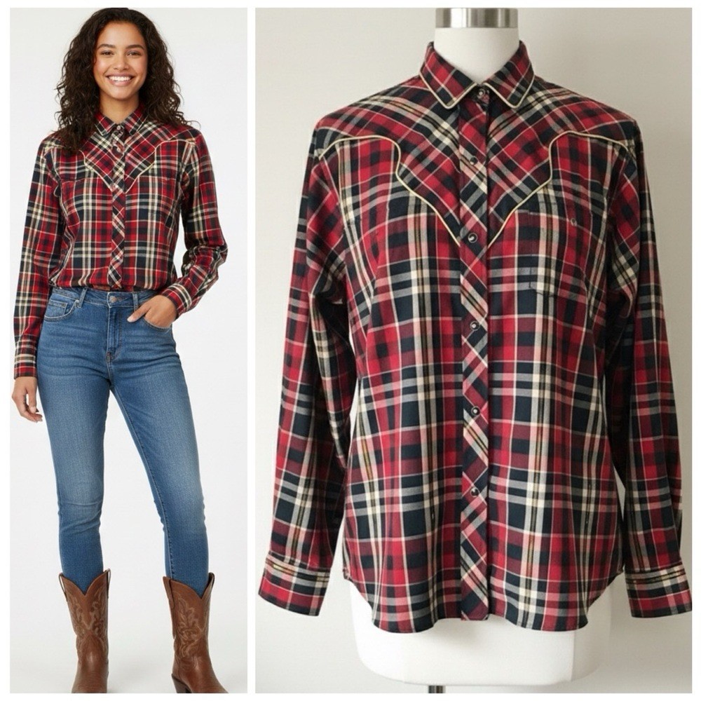 80s Kenny Rogers Western Plaid Button Down Piped Yoke Rodeo Chic Pearl Snap Sz M