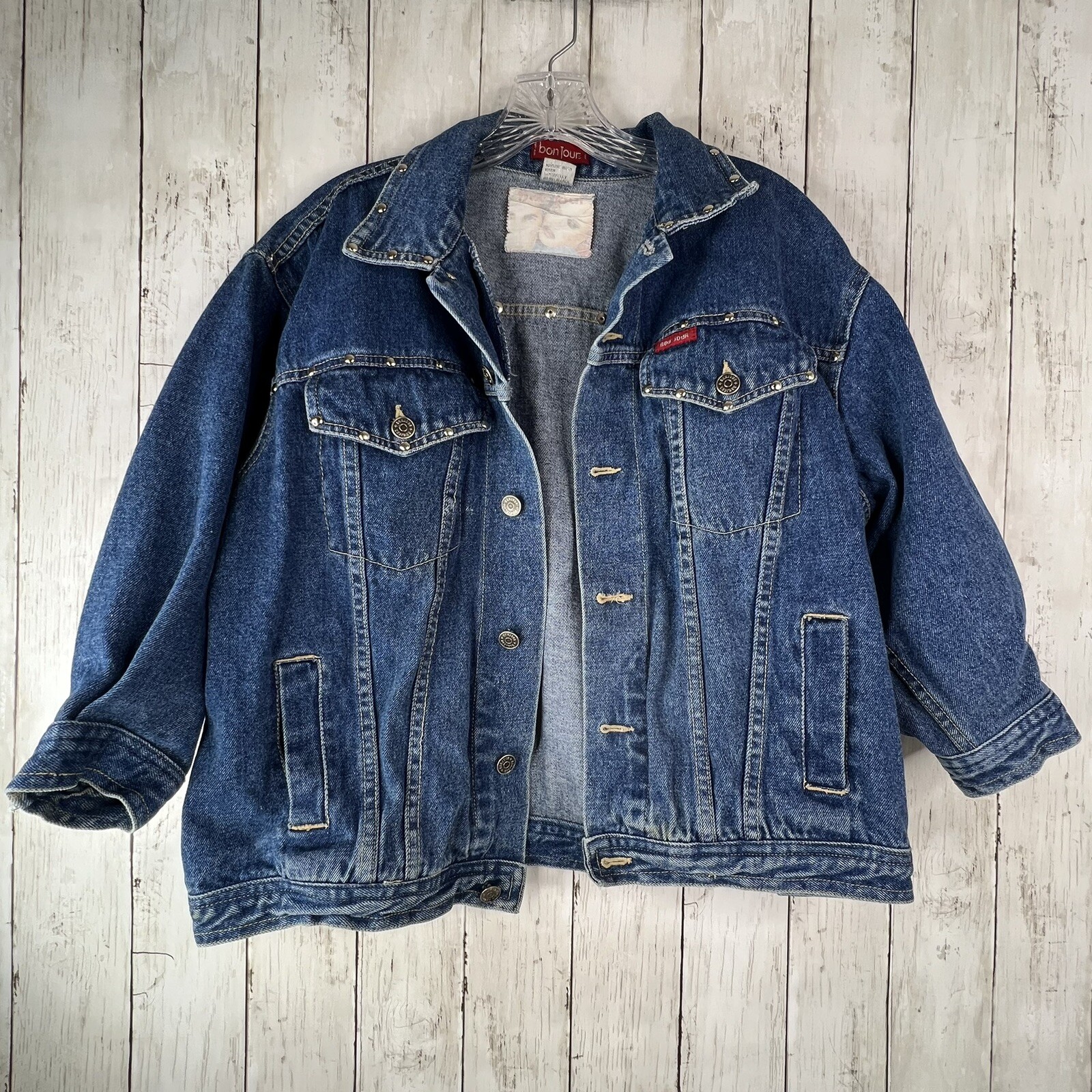 Vintage 80s Jean Jacket Bonjour Denim Womens Large Trucker 3/4 Sleeves Grunge