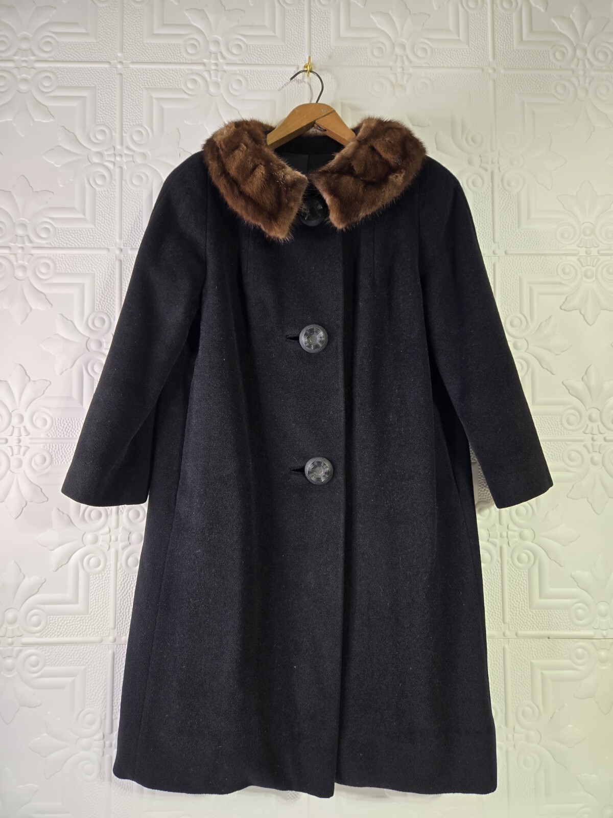 Vintage 40’s-60’s EINIGER Black Wool, Button-Down Fur Trim Collar Swing Coat