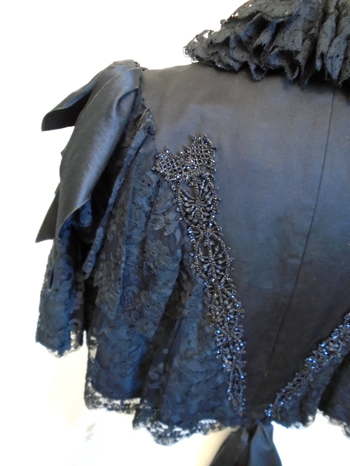 Original c 1870/1890 Victorian Silk Satin Cape Jet Beaded Ribbon/Lace Ruffles