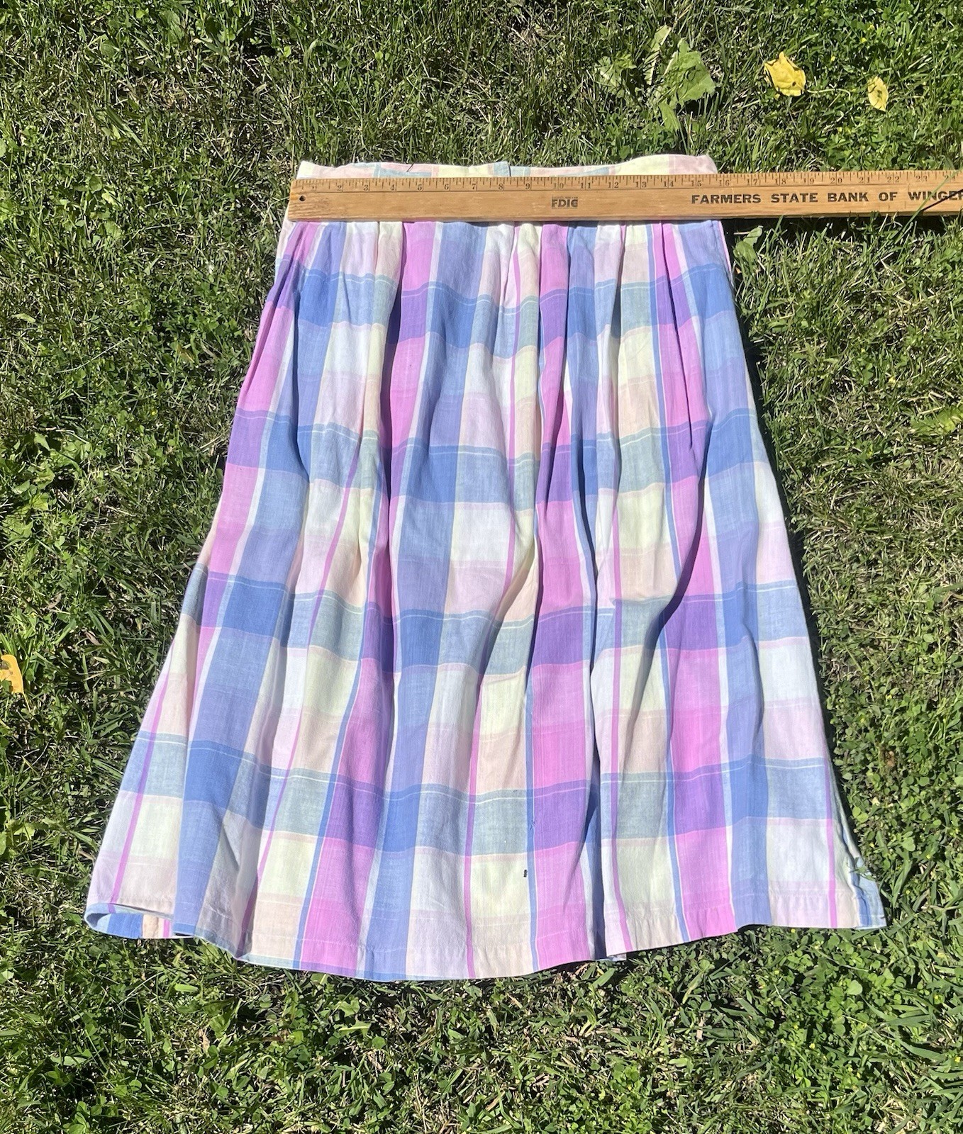 Vintage 1980s E.V. Ltd. Woven Cotton Pastel Plaid Midi Skirt Size L w/ Pockets