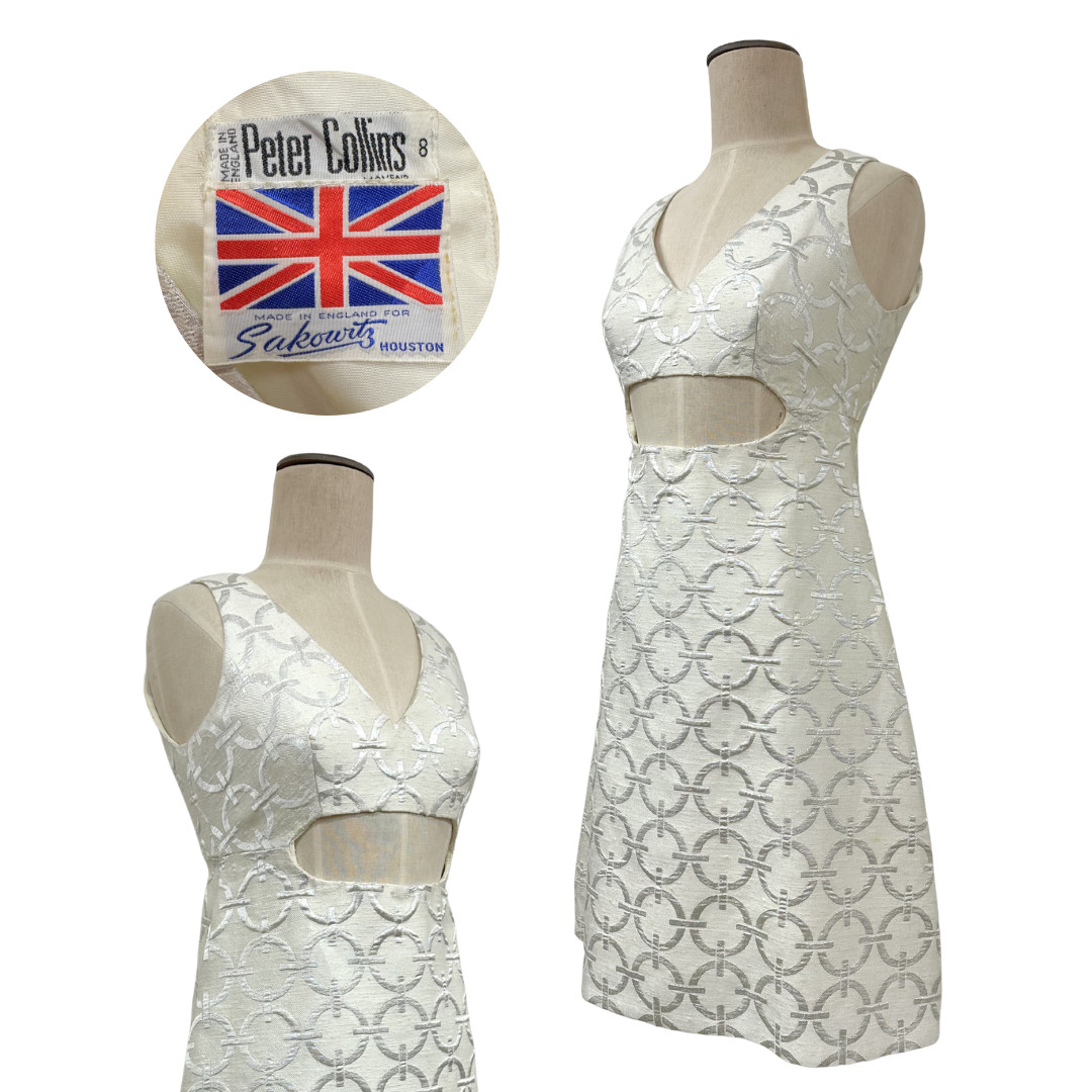 Vintage 1960s Peter Collins Mod White Metallic Brocade Cutout A Line Dress