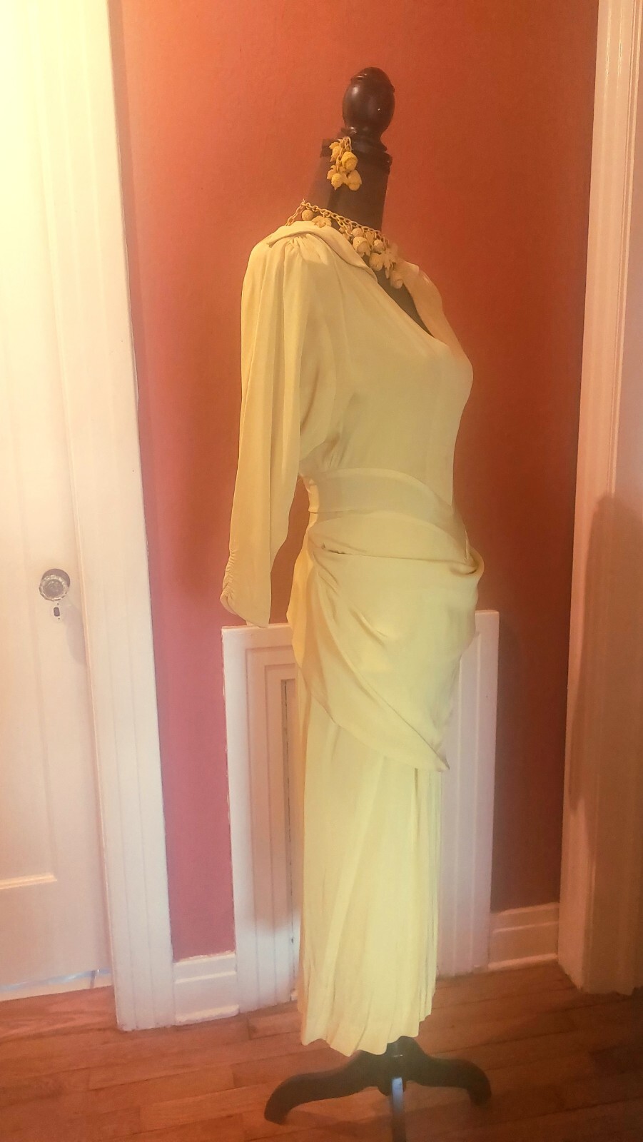 1950s Lilli Diamond Chartreuse Rayon Dress, Bat Wing Sleeves, Swag, Train XS