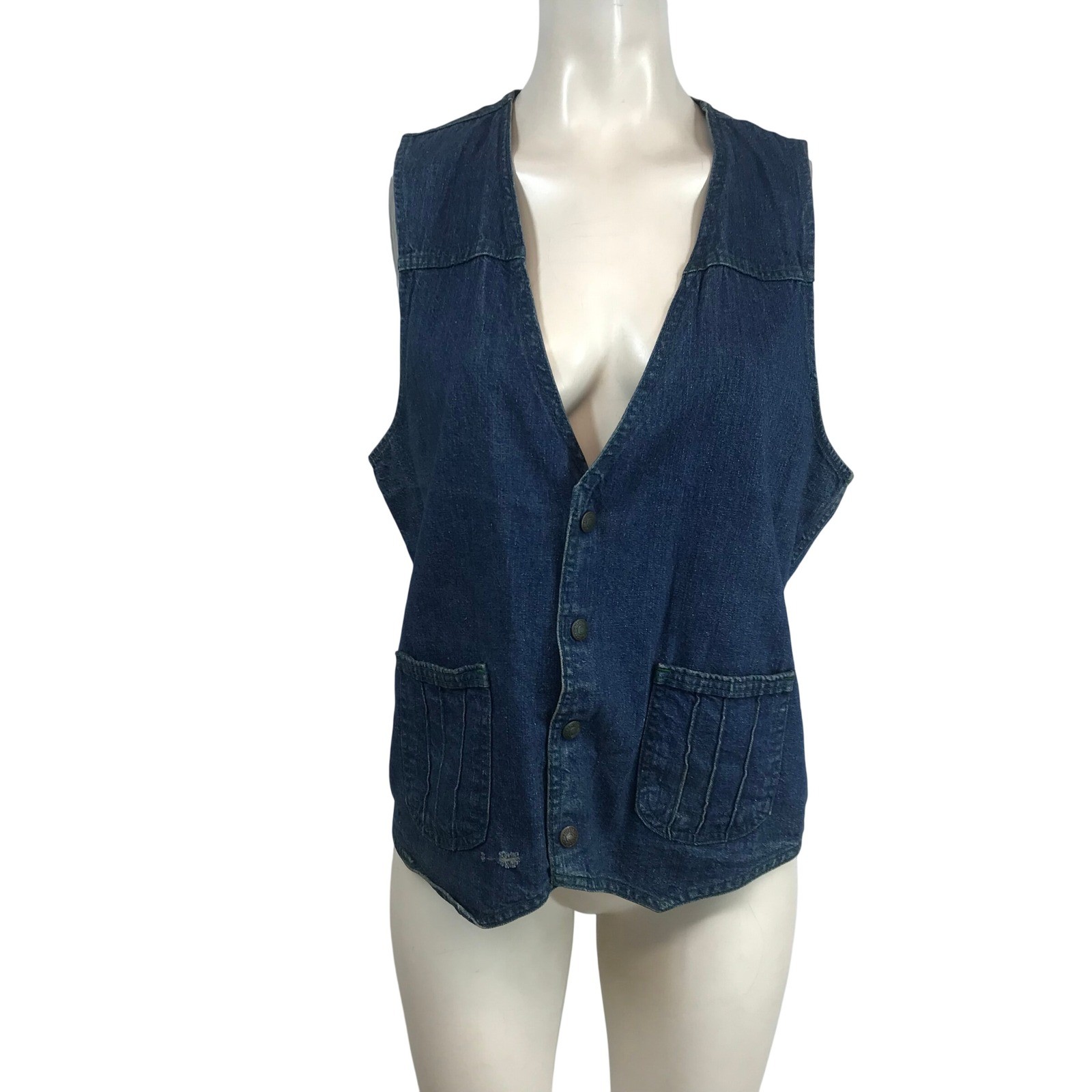 Vintage LEVI STRAUSS Dark Wash Denim Vest Green StitchButton Front Western Blue