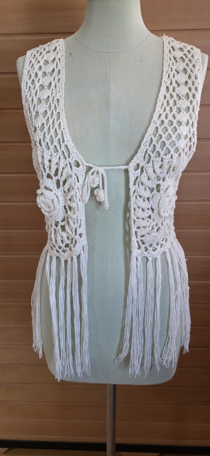 Vintage 1990s Ivory Crochet Fringed Vest Boho Hippie