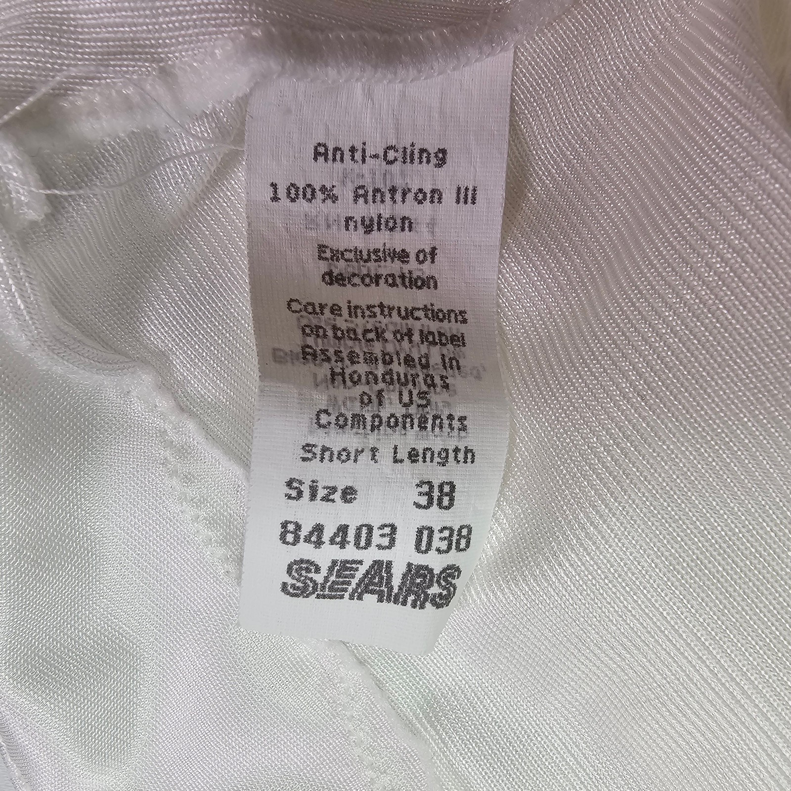 Vintage Sears White Full Slip Size 38 Short Nylon Anti-Cling Adjustable Straps