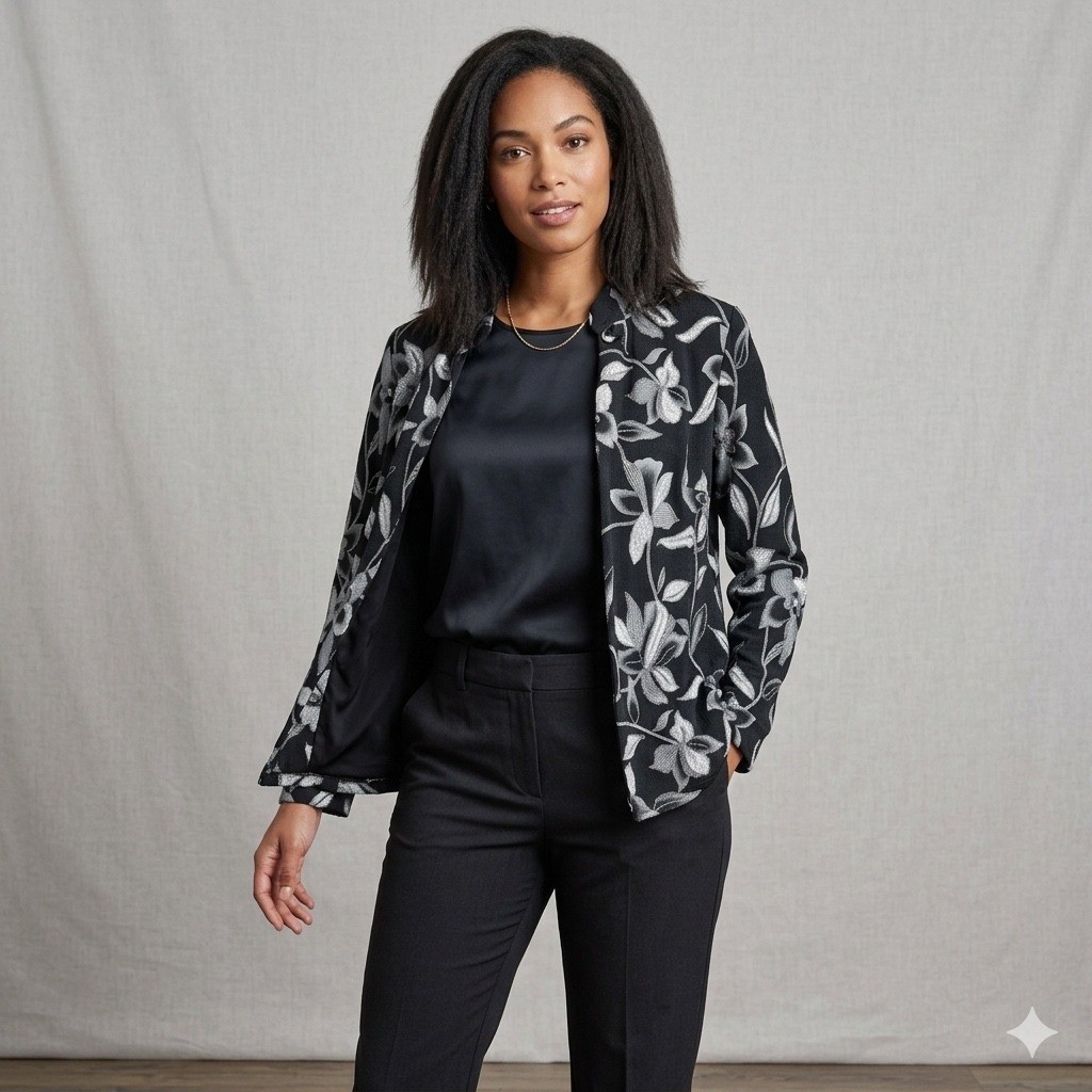 Vintage Onyx Nite Womens Size Medium Black Silver Sequin Floral Evening Jacket
