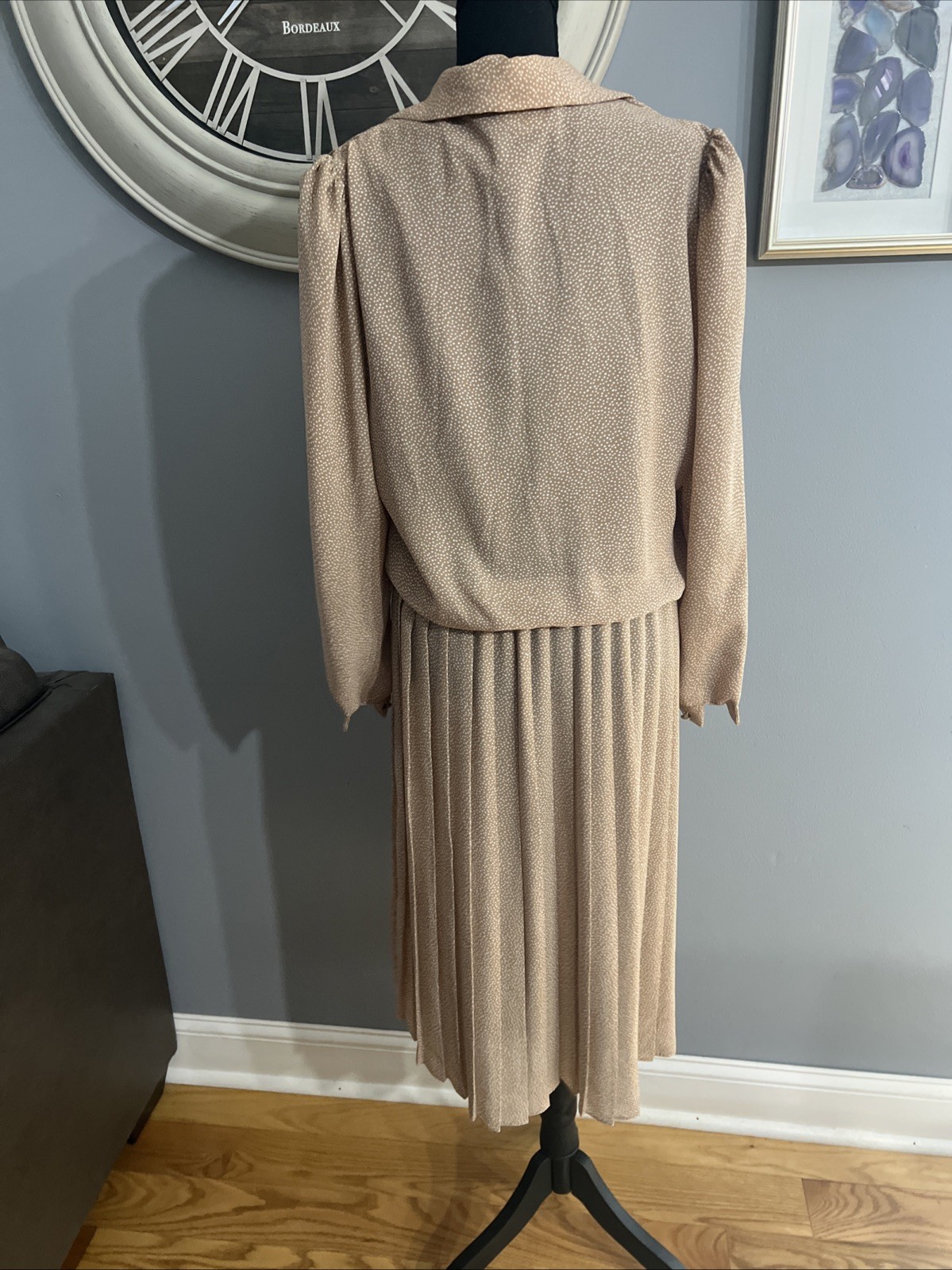 Vintage Breli Dress Size 14 Tan Polka Dots White Polyester