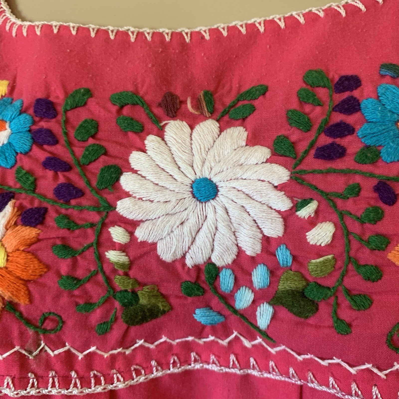 Vintage 80s 90s Mexican pink & multicolor floral embroidered cotton top blouse
