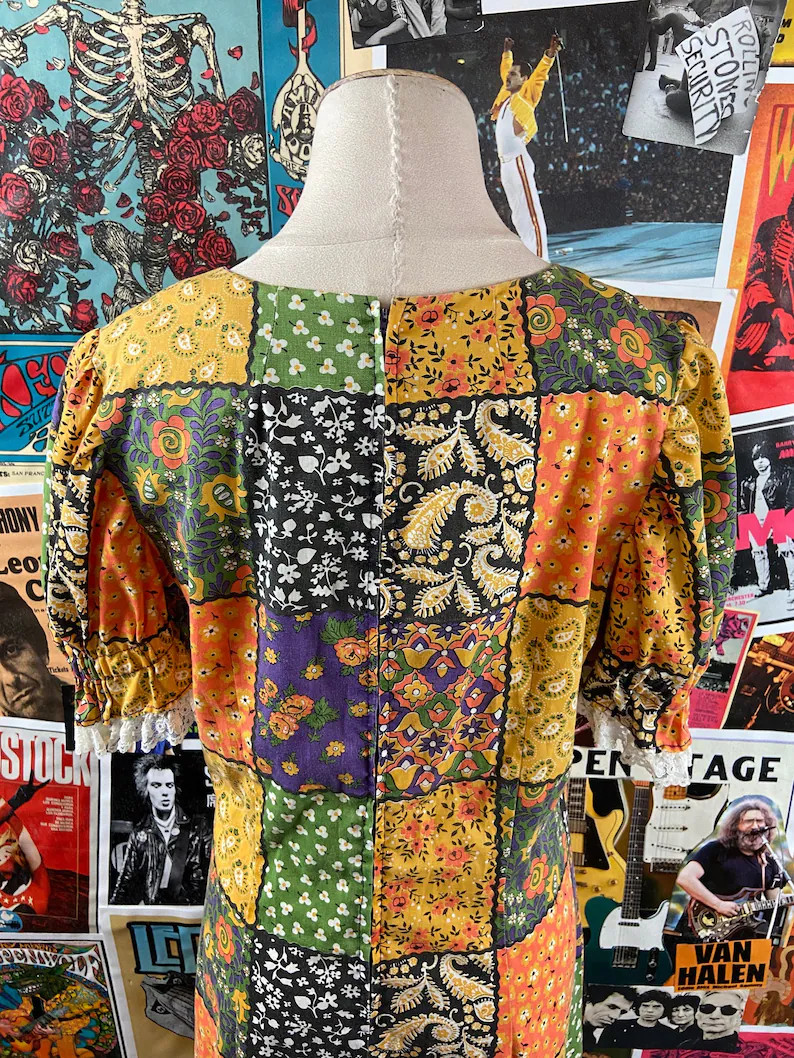 Vtg 70s Colorful Patchwork Print Puff Sleeve Maxi Boho Hippie Dress S/M Retro